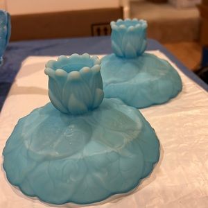 A Pair of Fenton Satin Blue Candle Holder